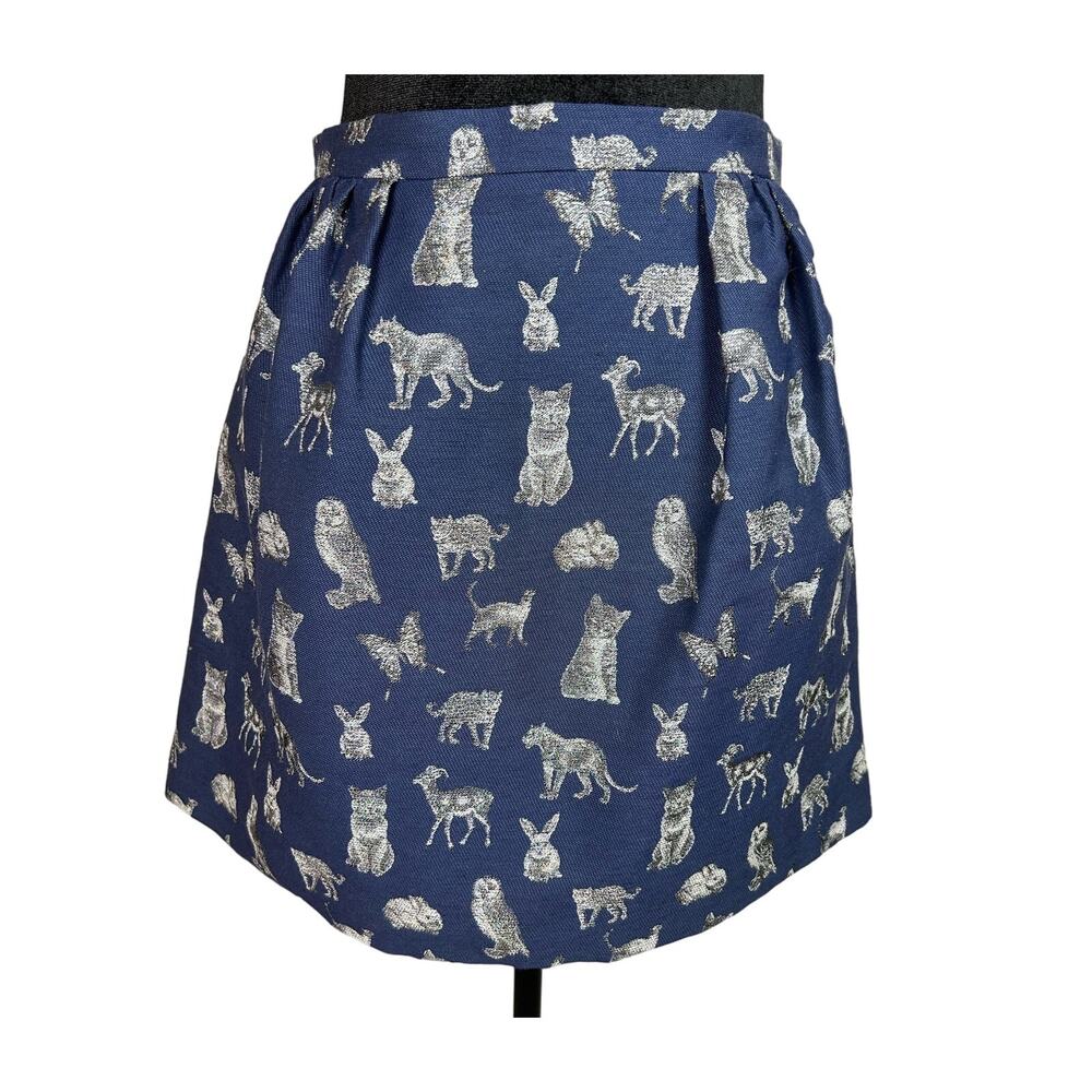 PAUL & JOE Sister Animal Mini Skirt Size XS Blue Silver Twill Pleats Pockets